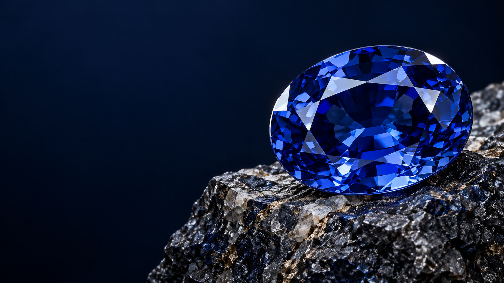 A blue faceted gemstone resting on a natural mineral surface